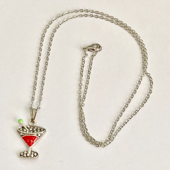 Martini Cocktail Drink Cup Glass Charm Necklace Pendant Red Enamel 18" Chain - Picture 5 of 9